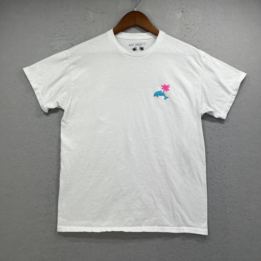 Riot Society T Shirt Mens M White Dolphin Palm Tree Graphic Tee Streetwear Surf
